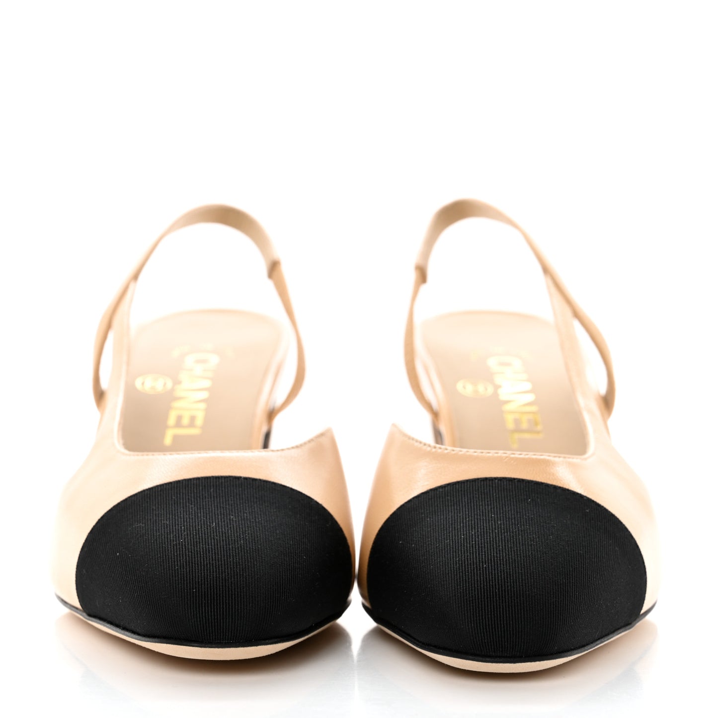 Goatskin Grosgrain Cap Toe CC Slingback Pumps 38 Beige Black