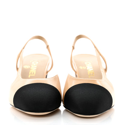 Chanel Goatskin Grosgrain Cap Toe CC Slingback Pumps 38 Beige Black 2 of 9