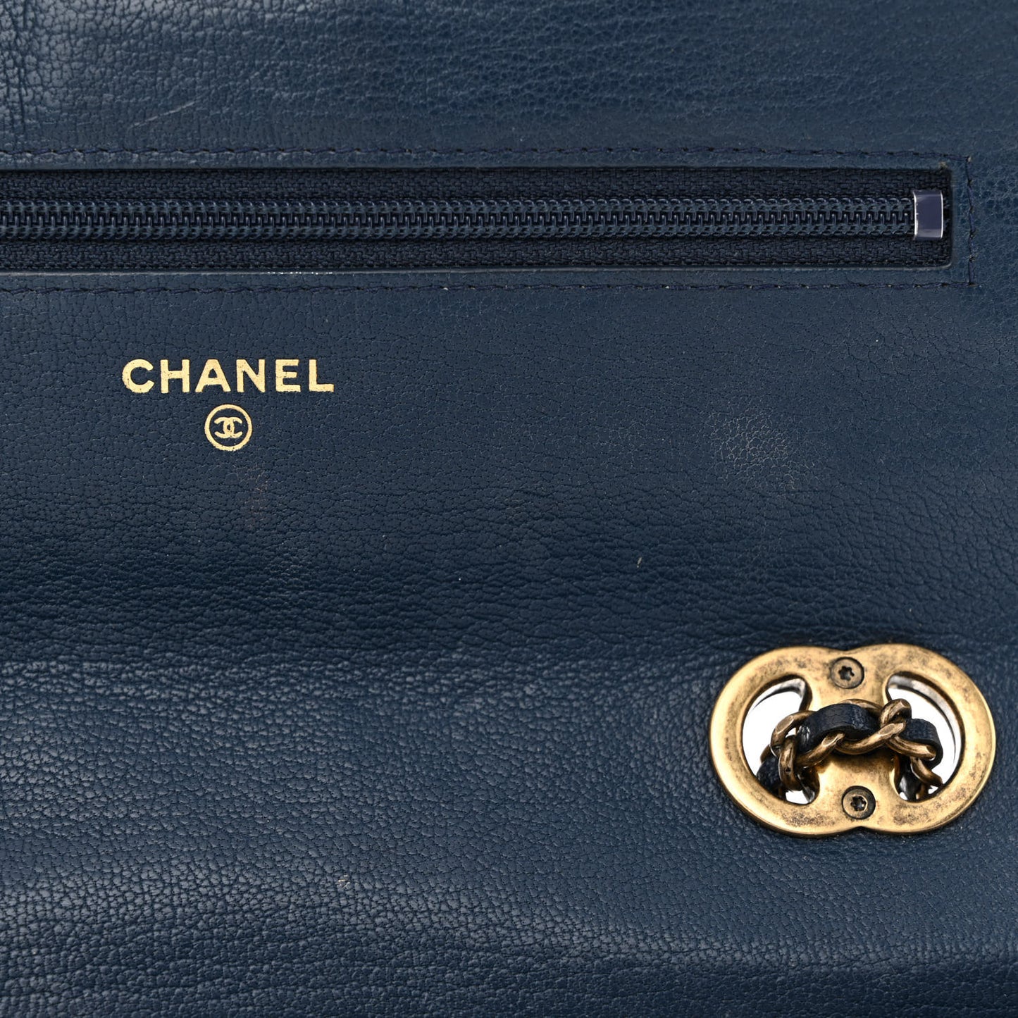Patent Goatskin Quilted CC Eyelet Wallet On Chain WOC Blue
