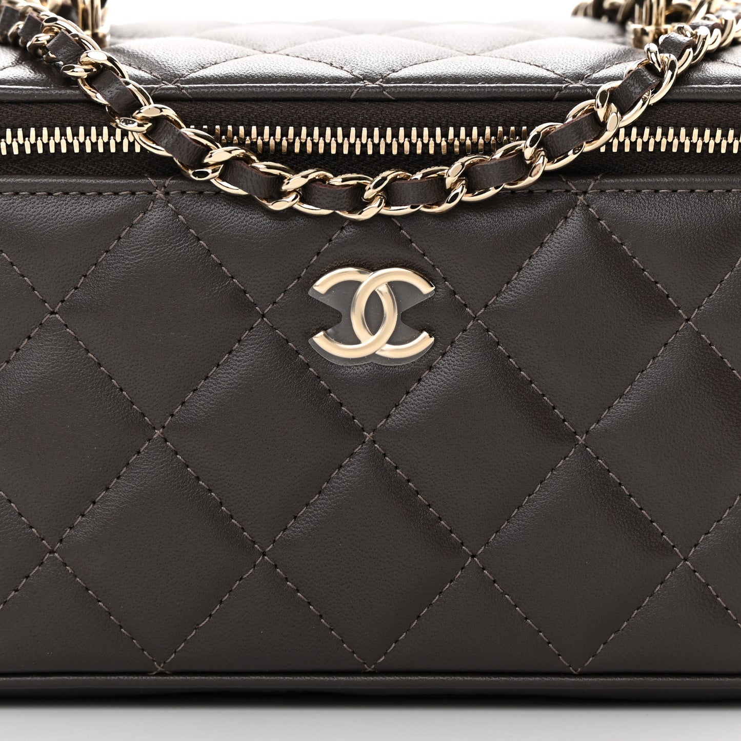 Lambskin Quilted Small Top Handle Vanity Case With Chain Dark Brown