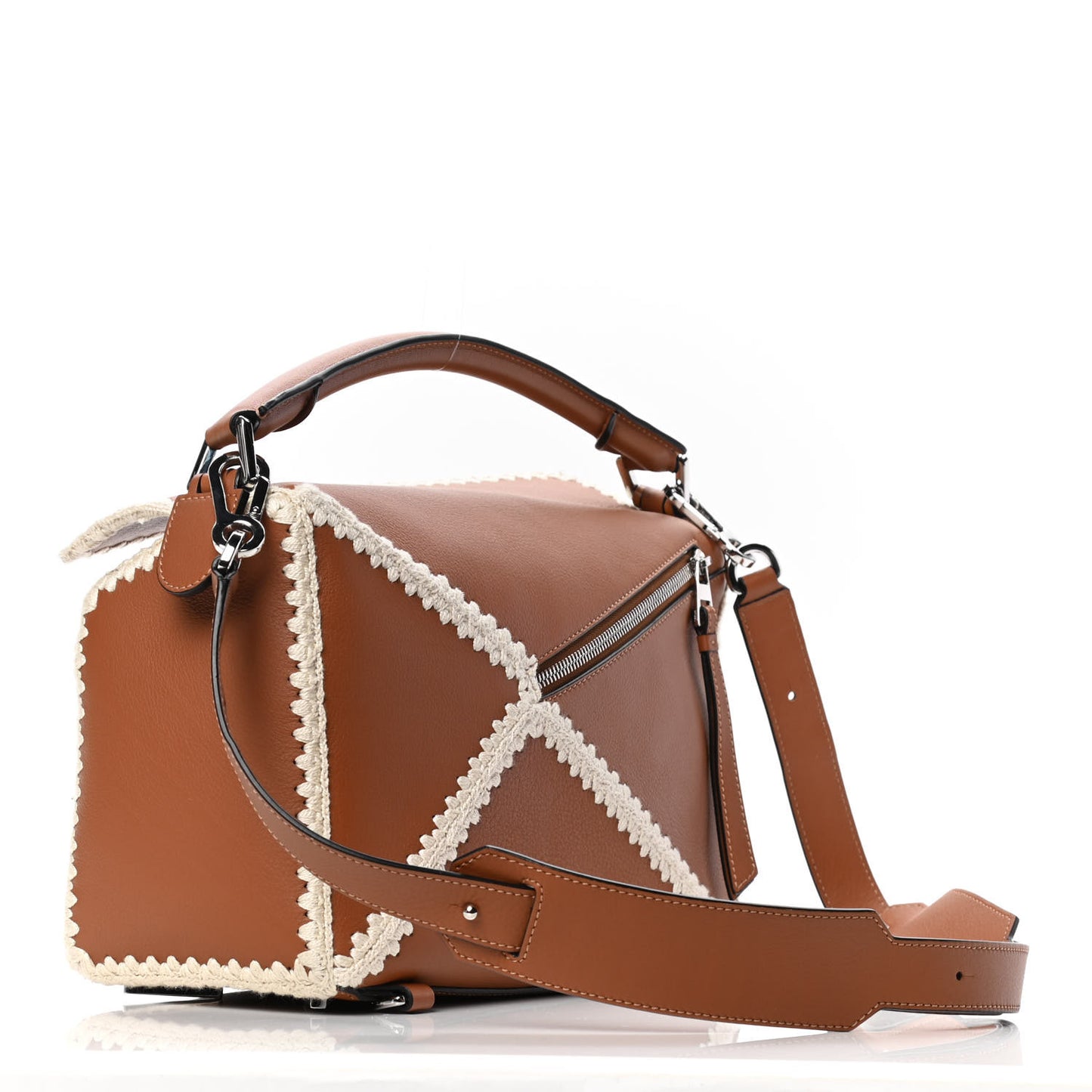Calfskin Crochet Trim Medium Puzzle Bag Tan