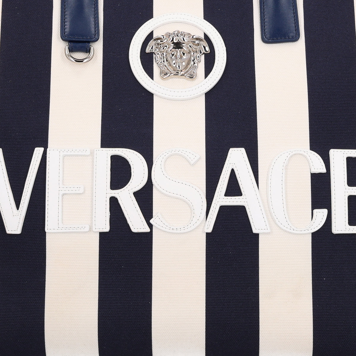 Versace Canvas Striped La Medusa Tote Bag  Navy Blue White 7 of 9