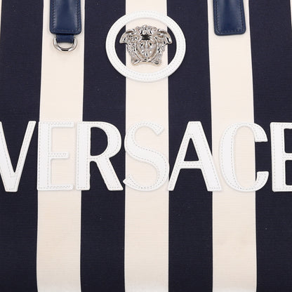 Versace Canvas Striped La Medusa Tote Bag  Navy Blue White 7 of 9