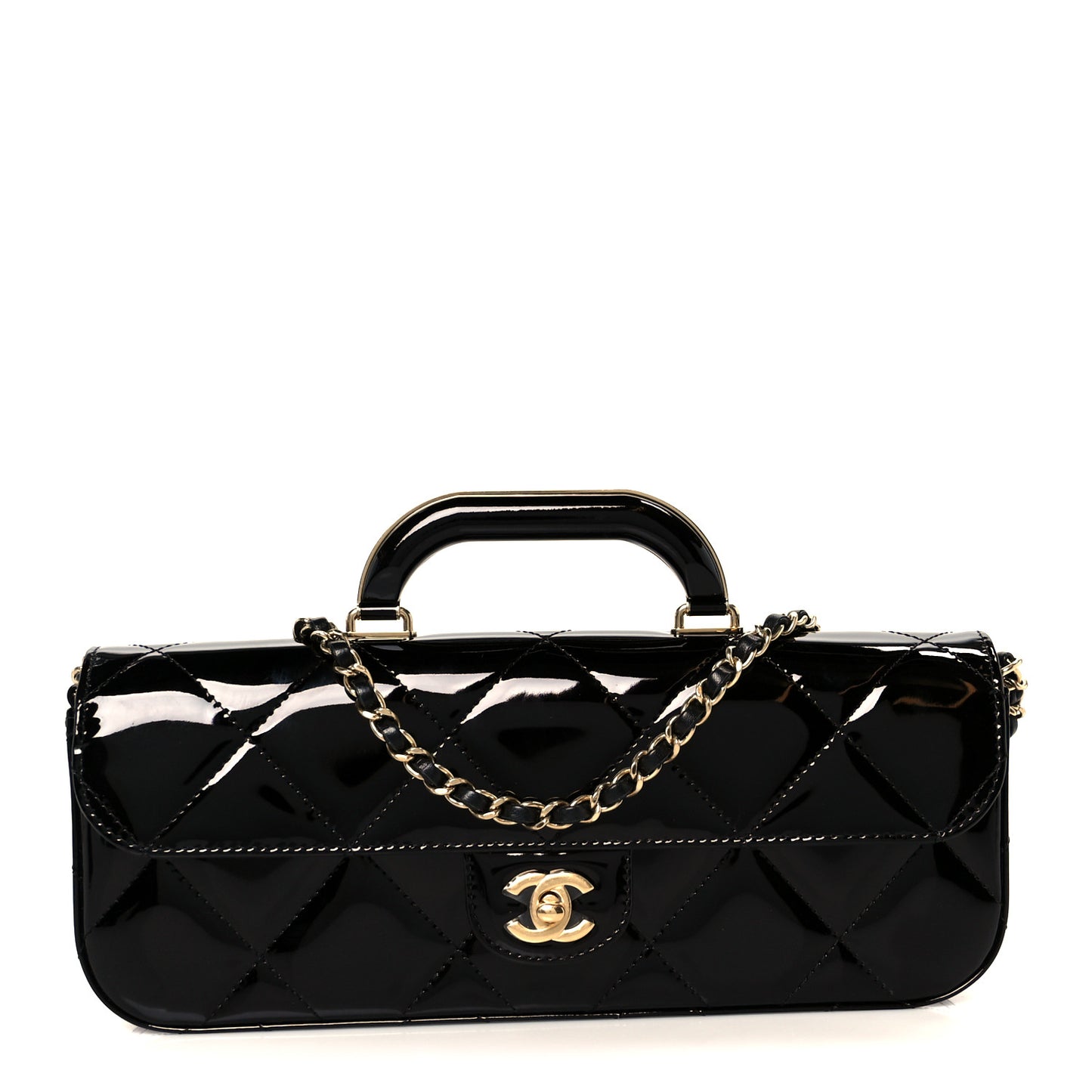 Metallic Mirror Calfskin Large Top Handle Clutch With Chain  Black