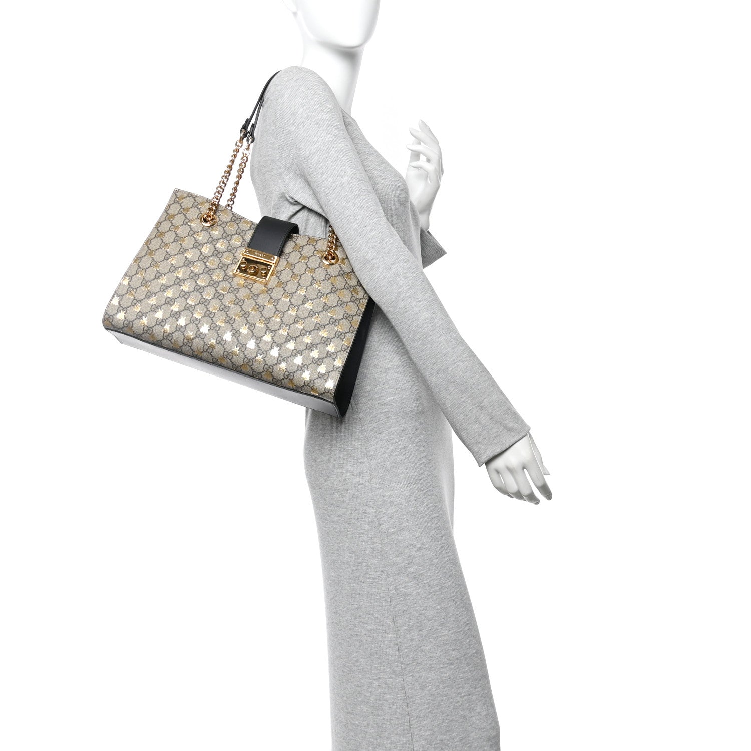 Gucci GG Supreme Monogram Bees Medium Padlock Tote Beige Oro Black 2 of 10
