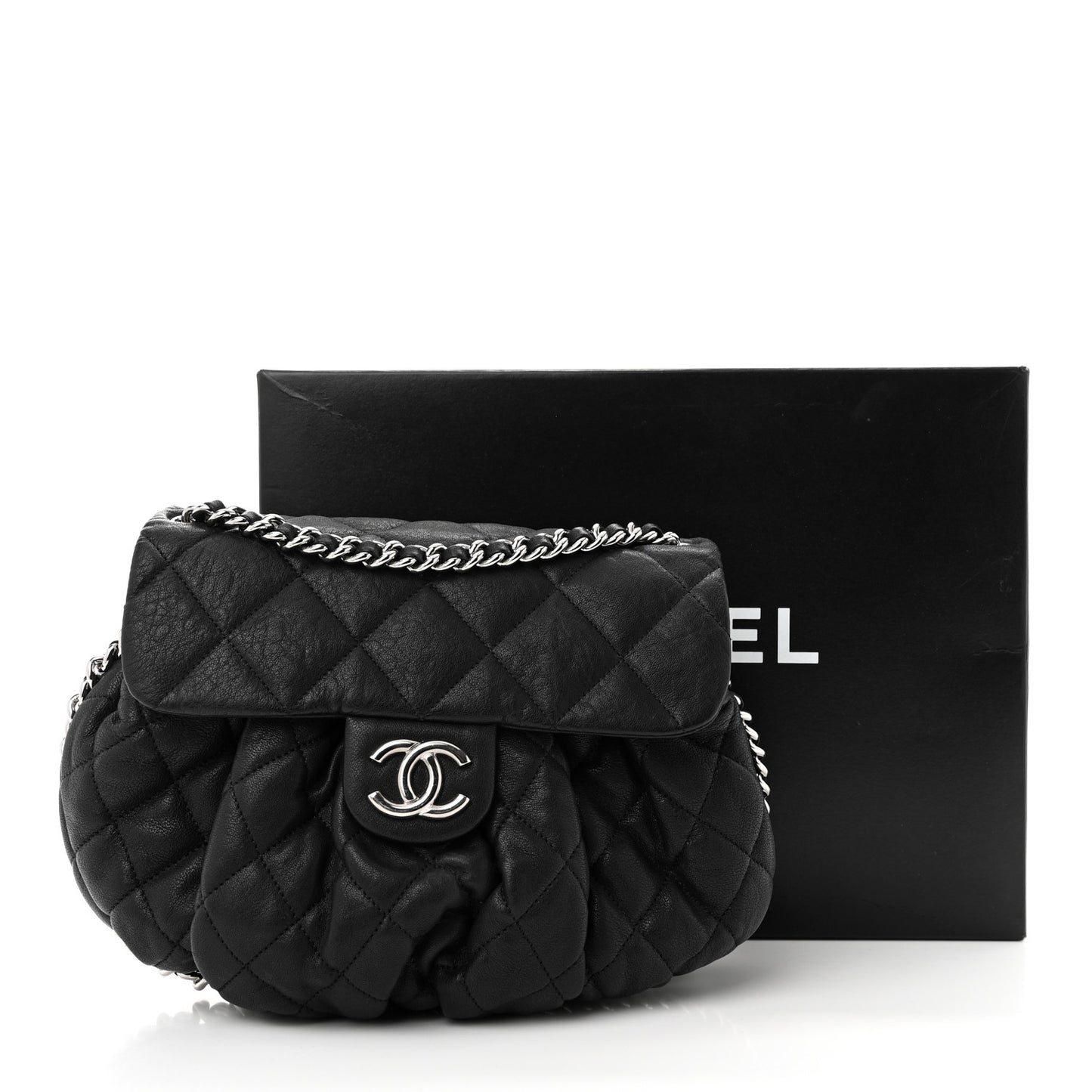 Washed Lambskin Quilted Medium Chain Around Messenger Black