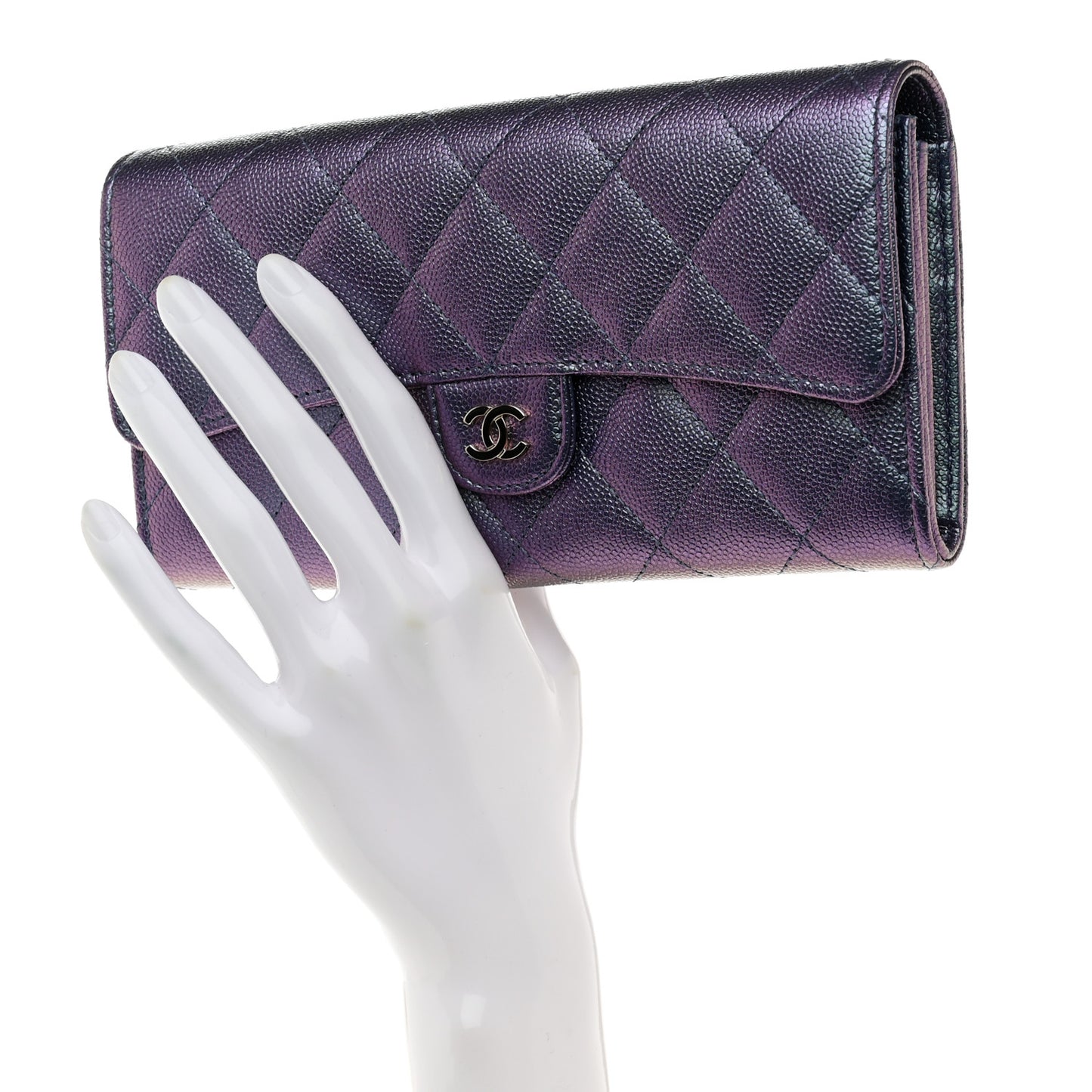 Iridescent Caviar Quilted Large Gusset Flap Wallet Dark Blue