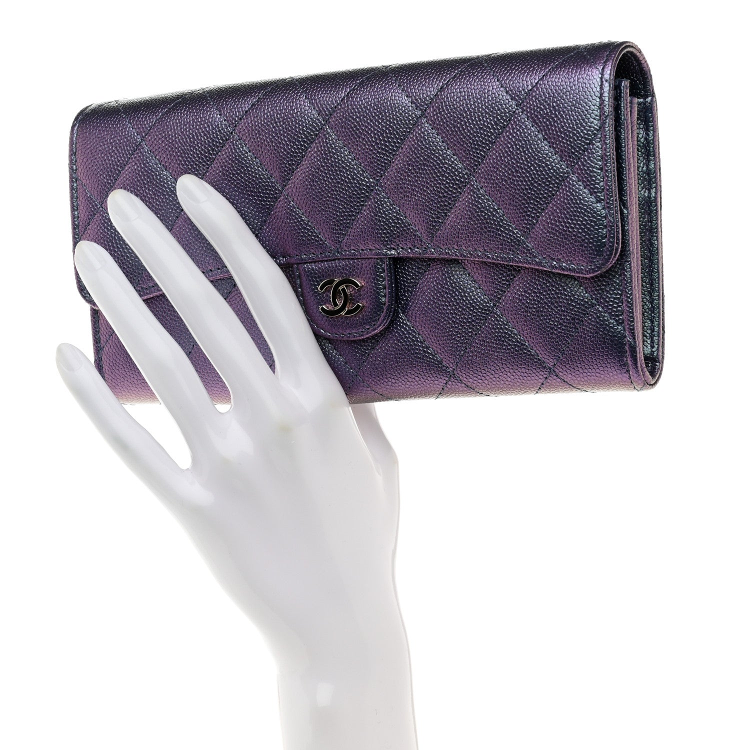 Chanel Iridescent Caviar Quilted Large Gusset Flap Wallet Dark Blue 2 of 9