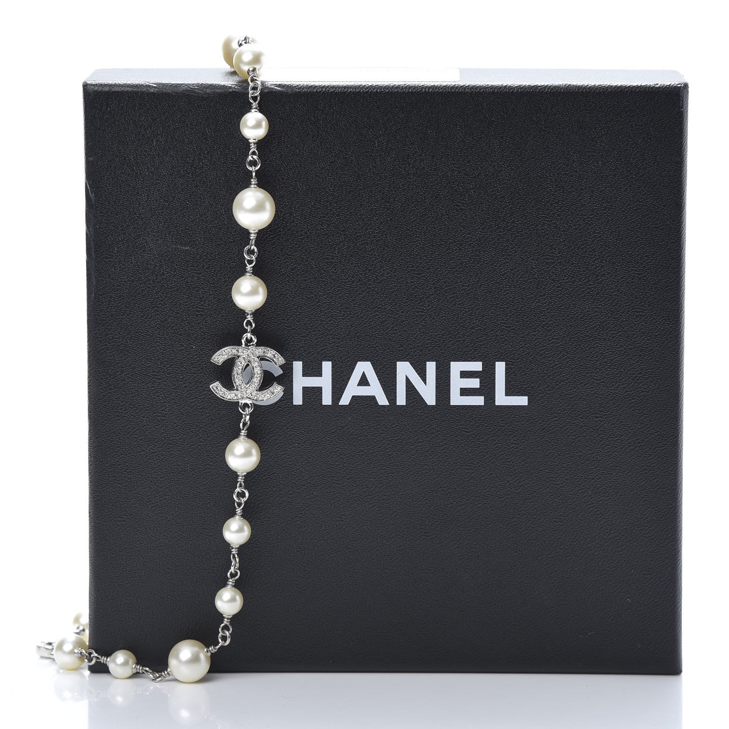 Chanel Crystal Pearl CC Long Necklace Silver 5 of 5