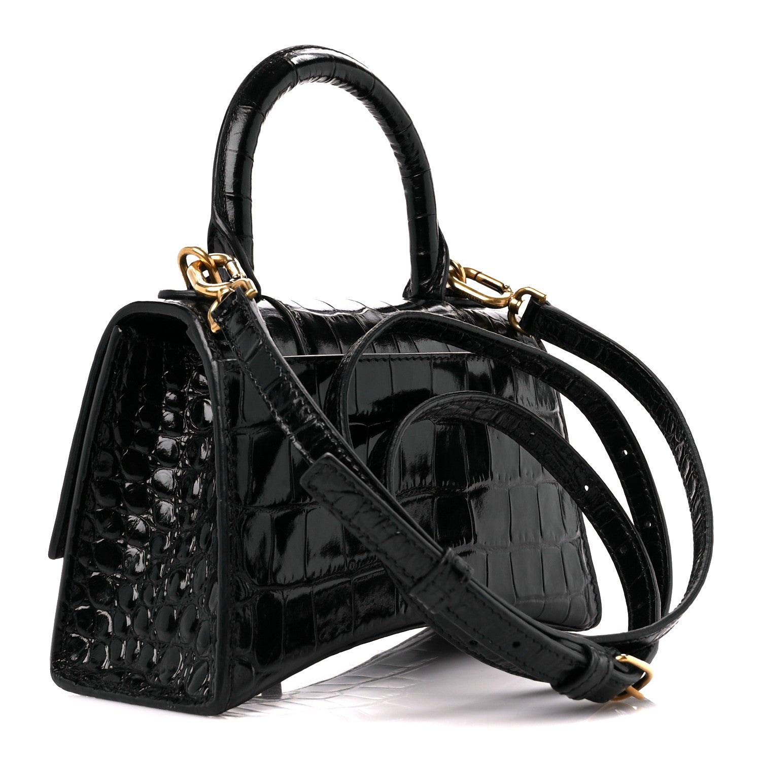 Balenciaga Shiny Calfskin Crocodile Embossed Hourglass Top Handle Bag XS Black 3 of 13