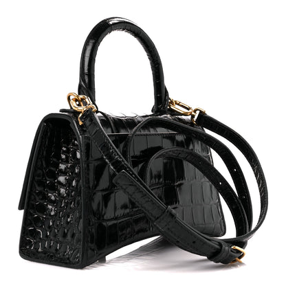 Balenciaga Shiny Calfskin Crocodile Embossed Hourglass Top Handle Bag XS Black 3 of 13