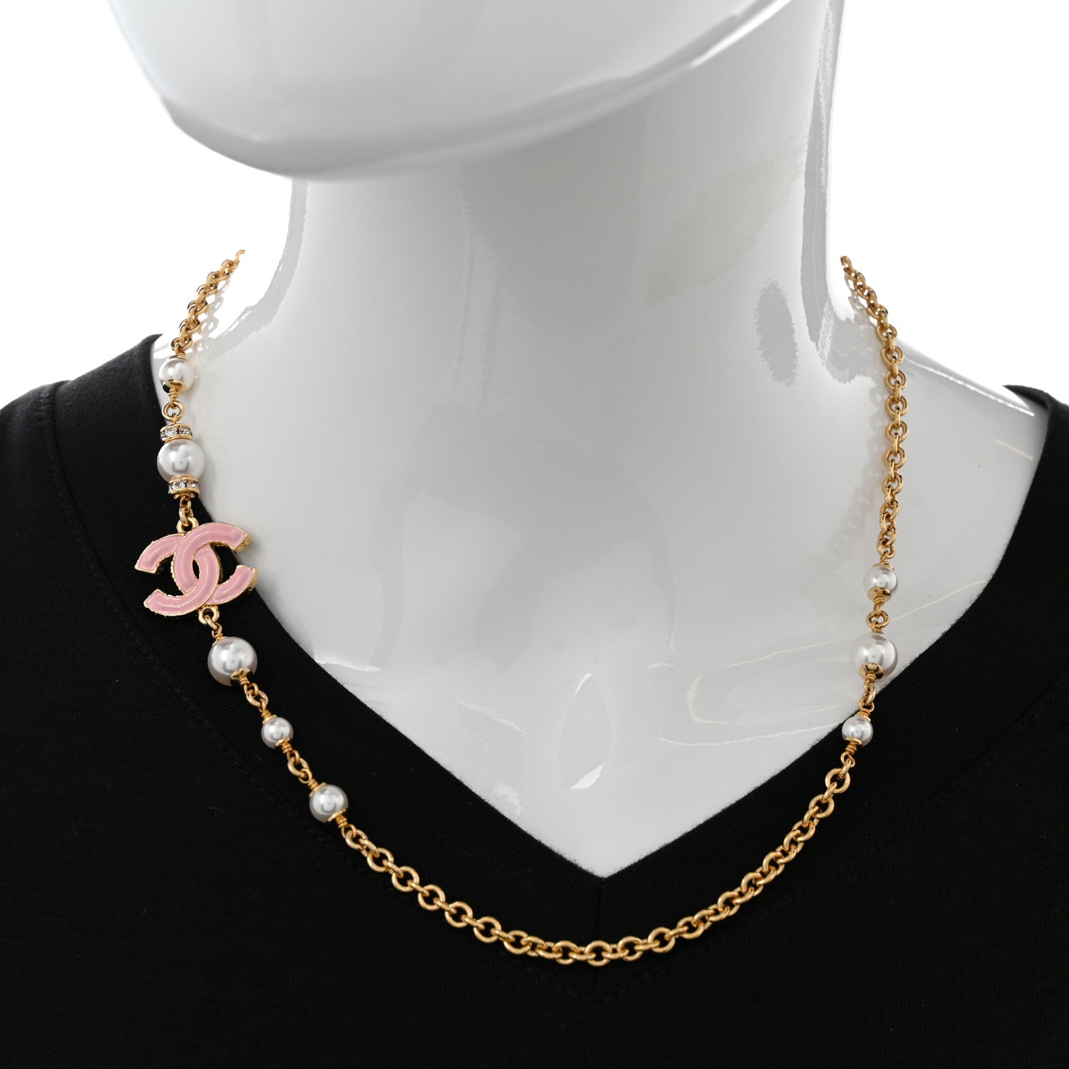Chanel Pearl Bead Enamel CC Short Necklace Pink Gold 2 of 6