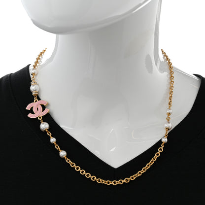 Chanel Pearl Bead Enamel CC Short Necklace Pink Gold 2 of 6