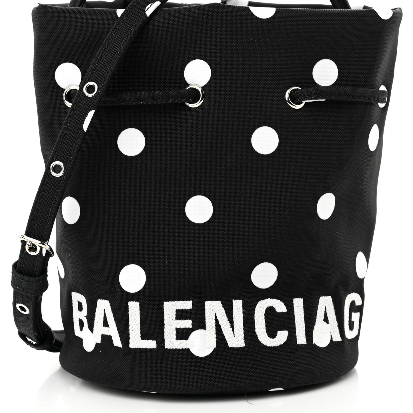 Recycled Sport Nylon Polka Dot Logo Embroidered Wheel Drawstring Bucket Bag XS Black White