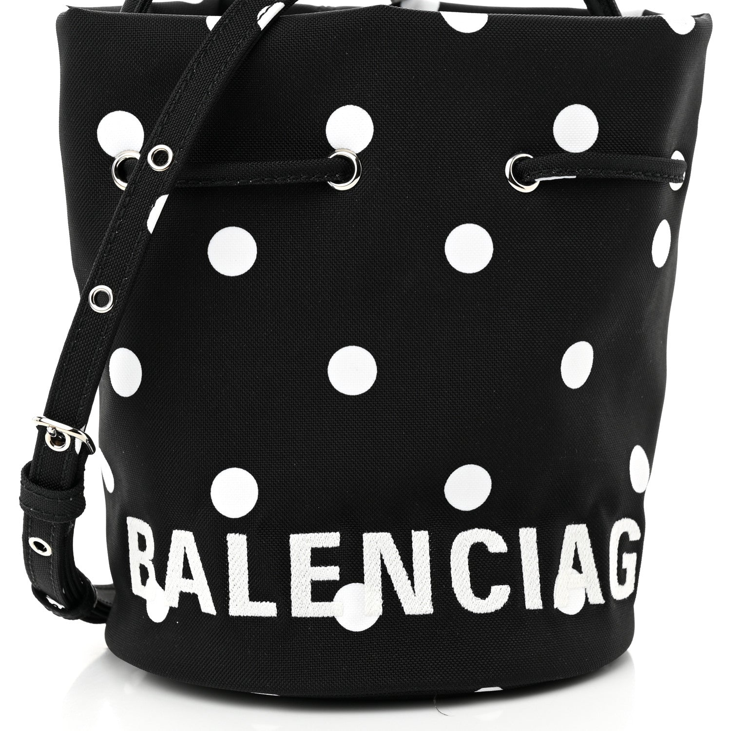 Balenciaga Recycled Sport Nylon Polka Dot Logo Embroidered Wheel Drawstring Bucket Bag XS Black White 7 of 9
