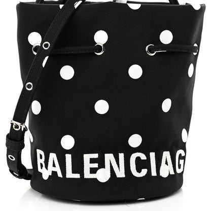 Balenciaga Recycled Sport Nylon Polka Dot Logo Embroidered Wheel Drawstring Bucket Bag XS Black White 7 of 9