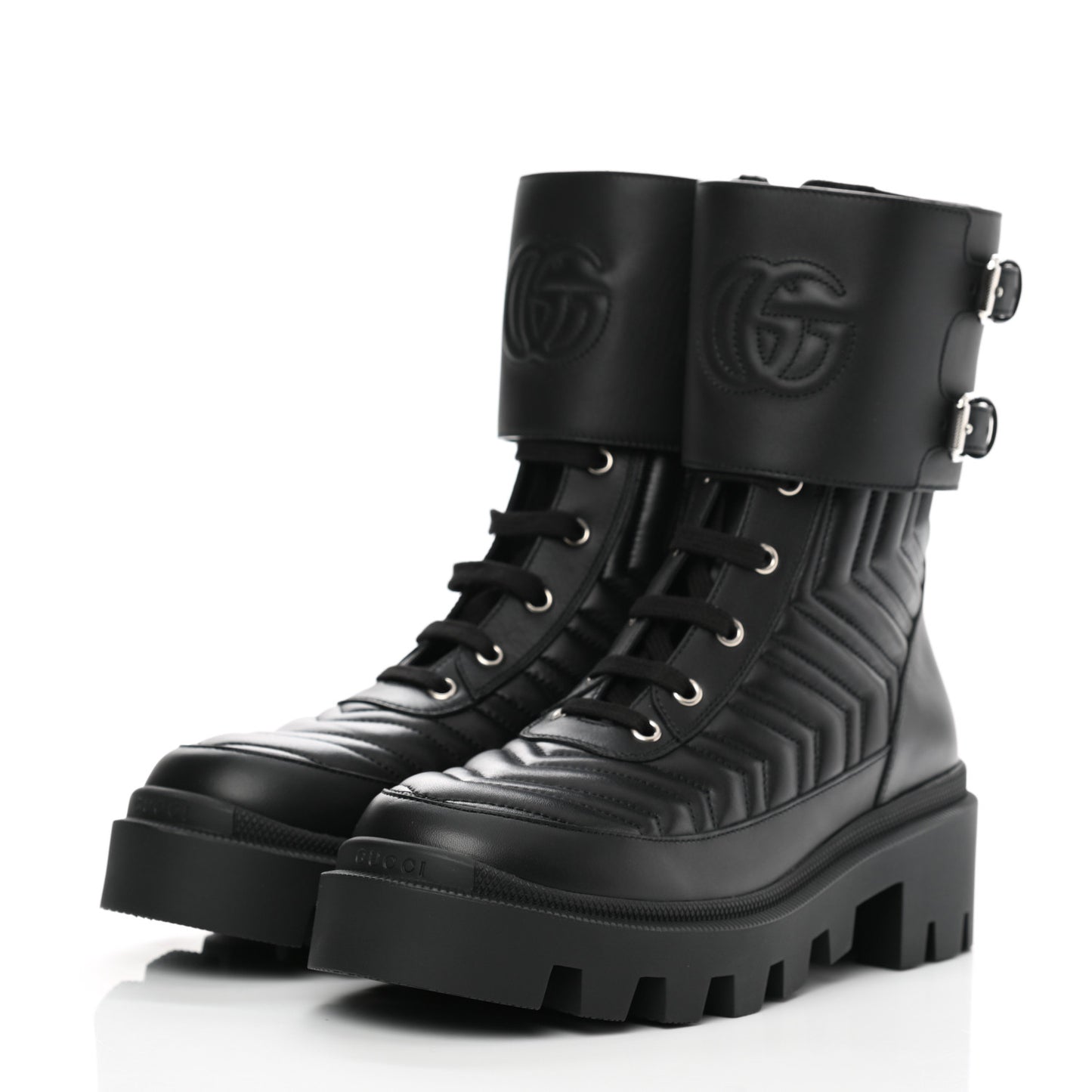 Nappa Frances GG Matelasse Platform Combat Boots 38.5 Black