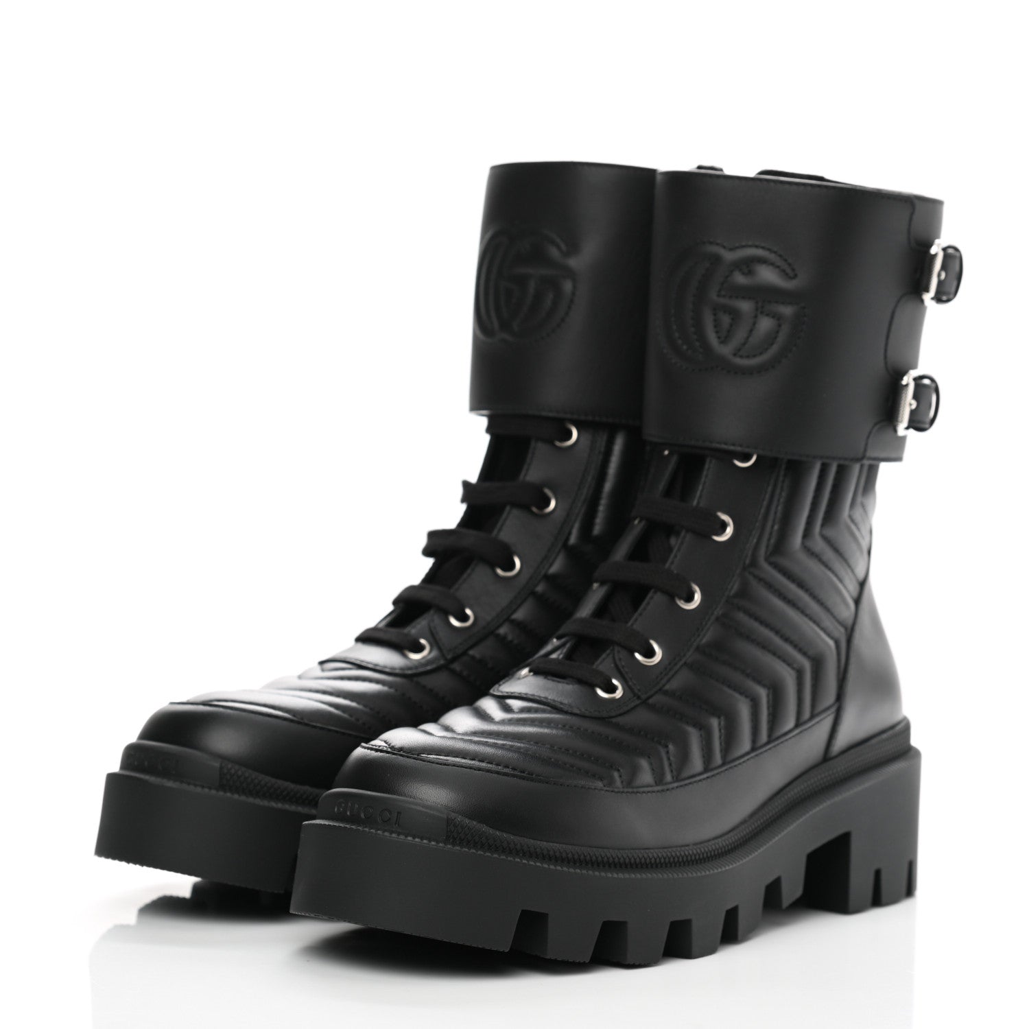 Gucci Nappa Frances GG Matelasse Platform Combat Boots 38.5 Black 3 of 9