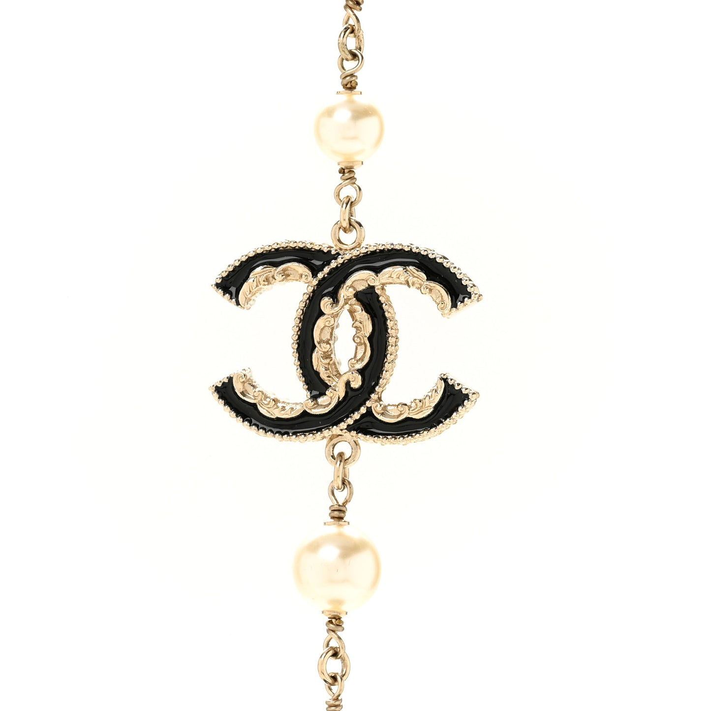 Pearl Bead Enamel CC Baroque Long Necklace Black Gold