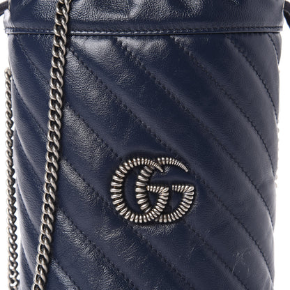 Gucci Vintage Effect Calfskin Matelasse Diagonal Mini Torchon GG Marmont 2.0 Bucket Bag Blue Agata Mystic White 10 of 11