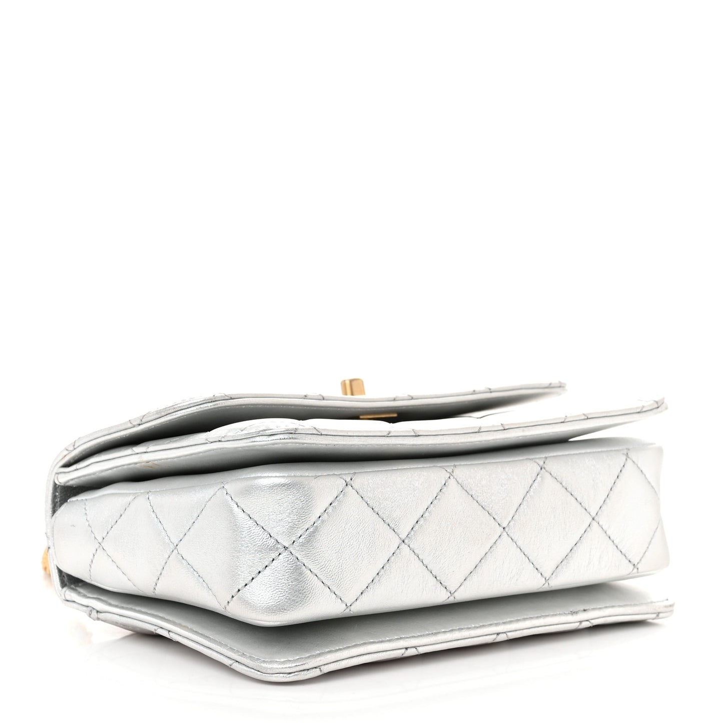 Metallic Calfskin Quilted Mini Metal Top Handle Flap Silver