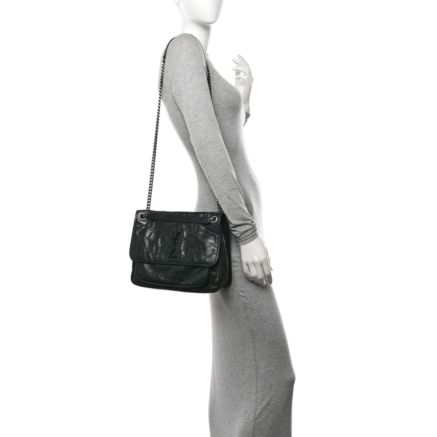 Crinkled Calfskin Matelasse Monogram Medium Niki Chain Satchel Military Olive