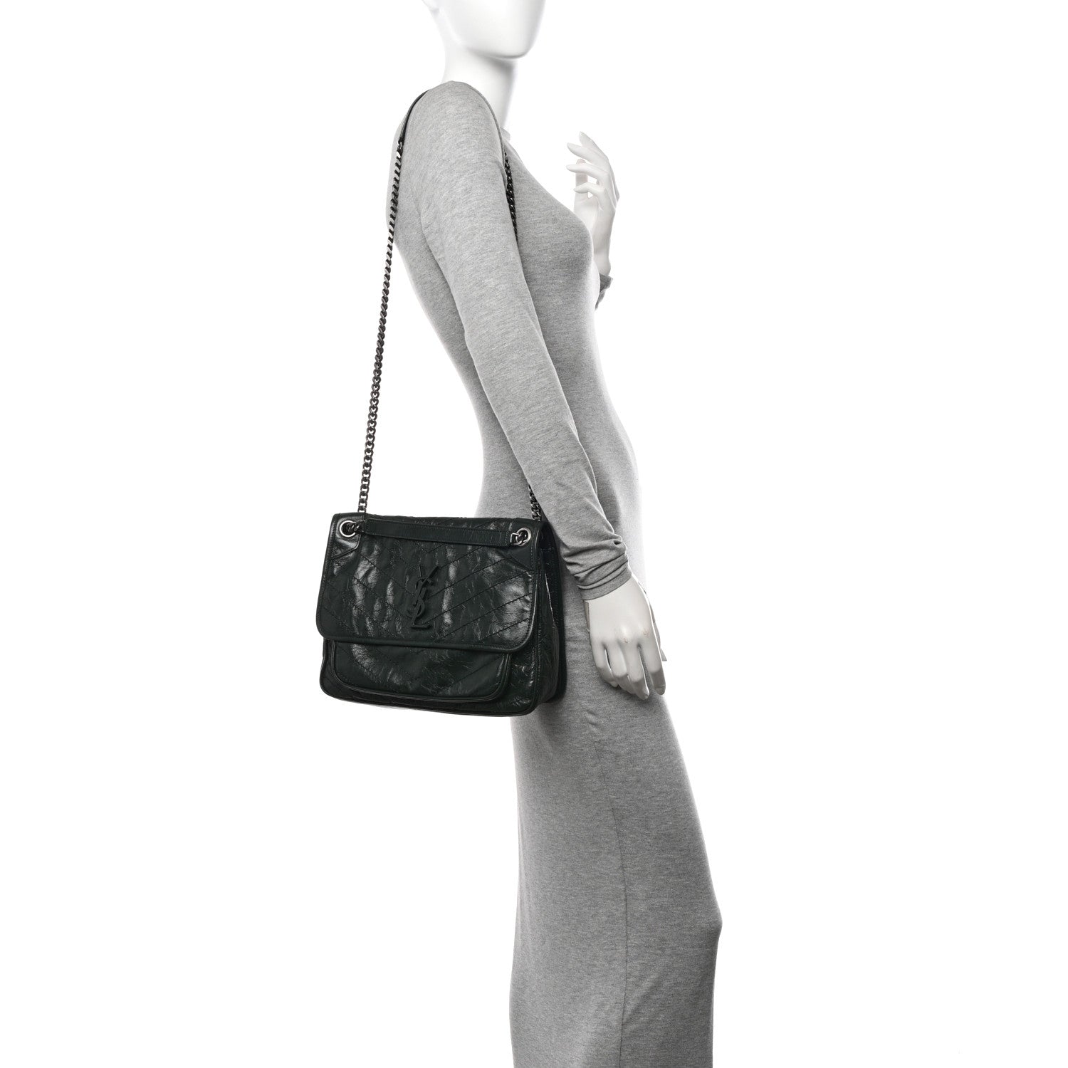 Saint Laurent Crinkled Calfskin Matelasse Monogram Medium Niki Chain Satchel Military Olive 2 of 10