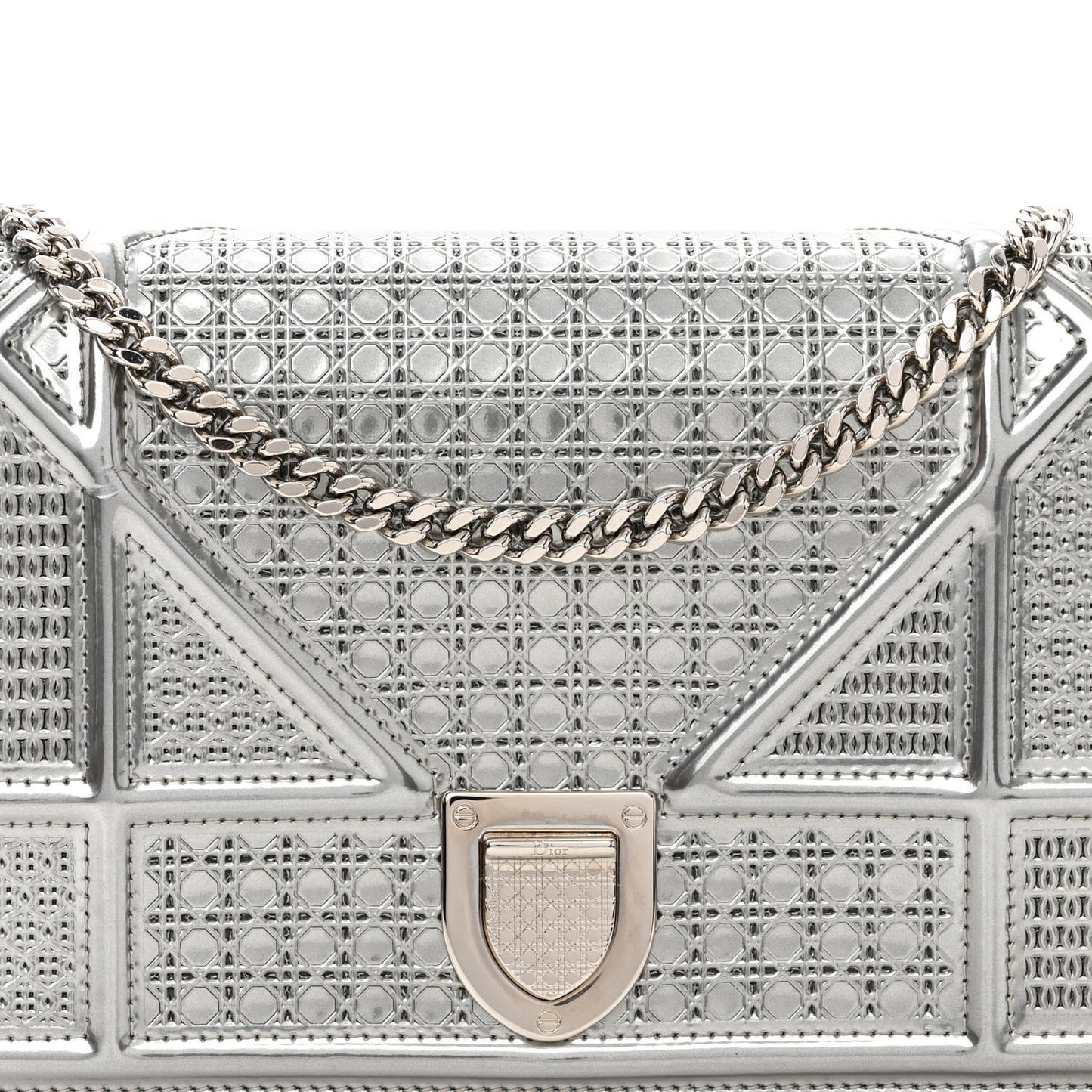 Metallic Patent Micro-Cannage Diorama Wallet on Chain Pouch Silver