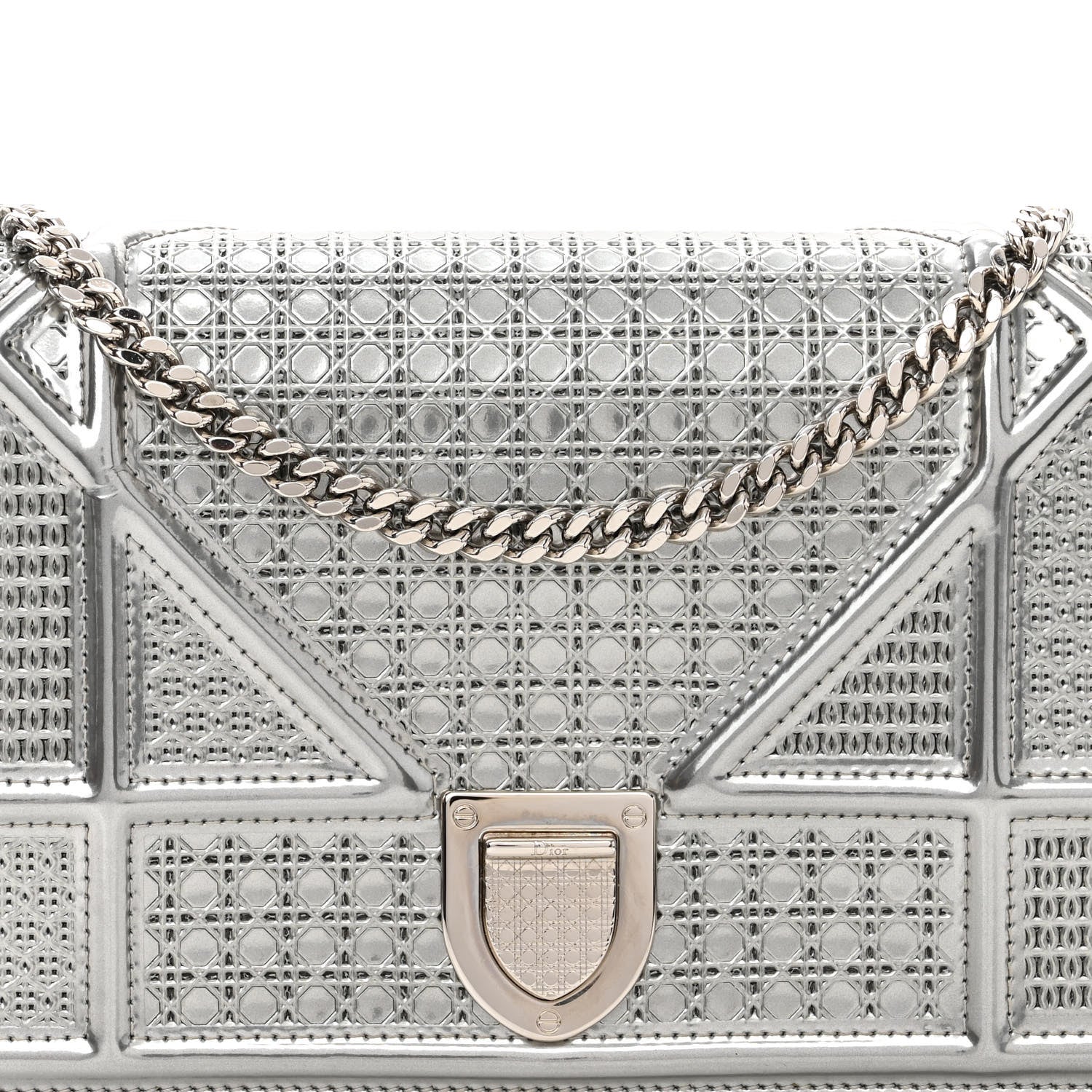Christian Dior Metallic Patent Micro-Cannage Diorama Wallet on Chain Pouch Silver 6 of 8