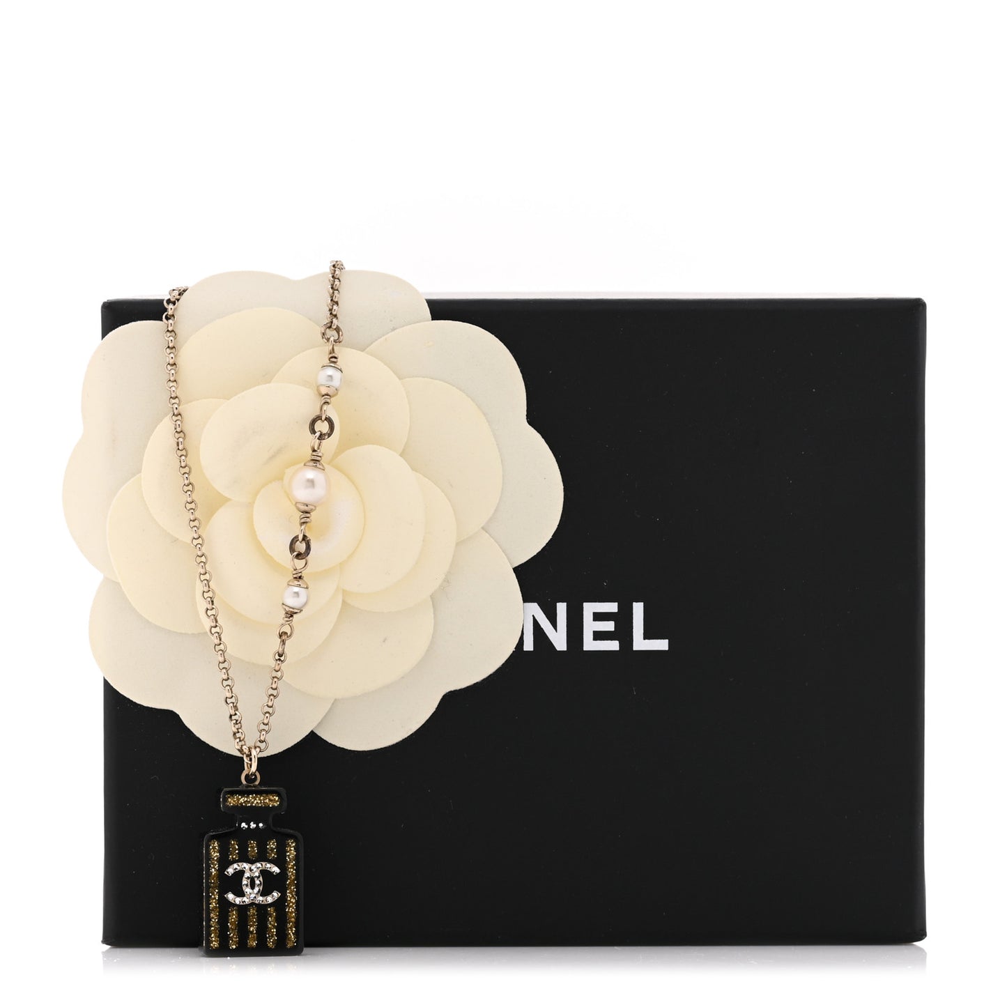 Resin Strass Pearl Perfume Bottle CC Necklace Black Gold