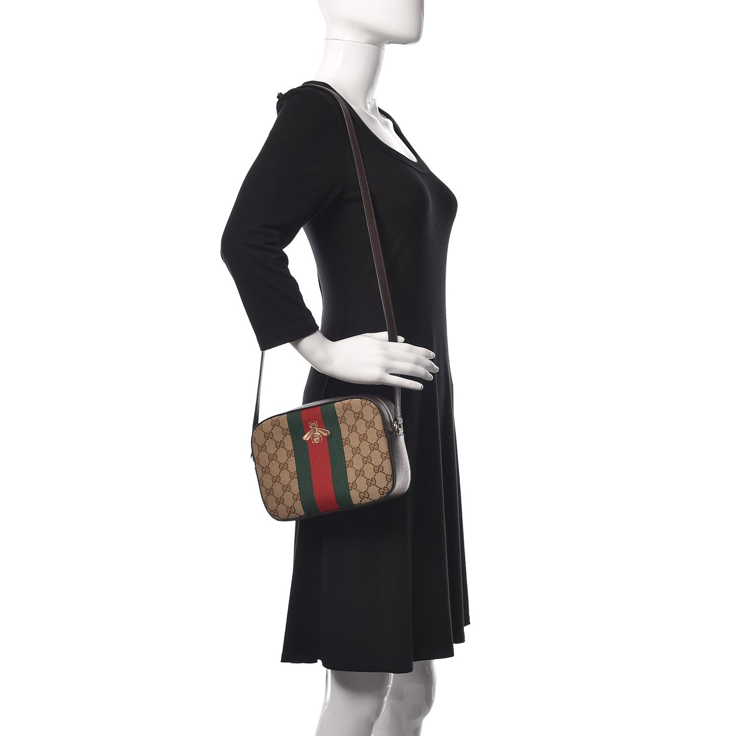 GG Supreme Monogram Web Small Webby Bee Shoulder Bag Dark Brown