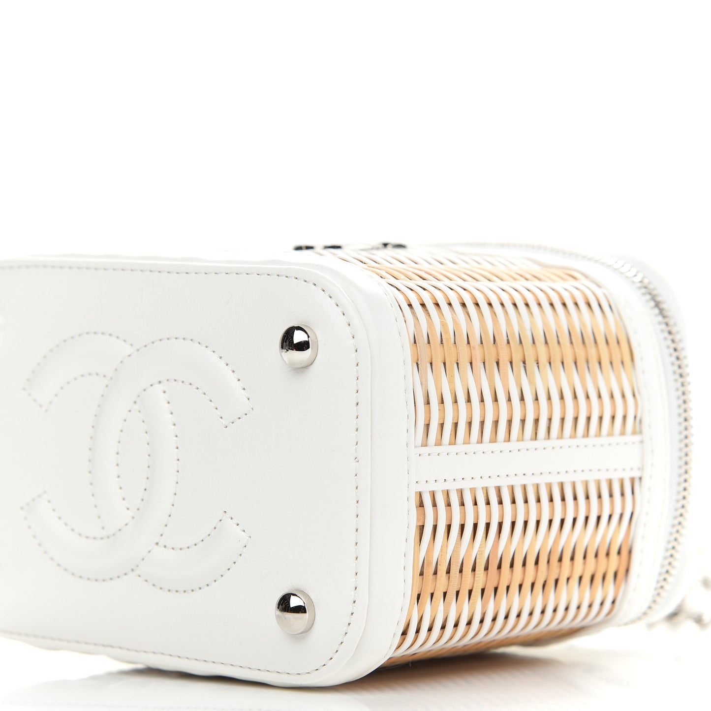 Calfskin Raffia Small Vanity Case Bag White Beige