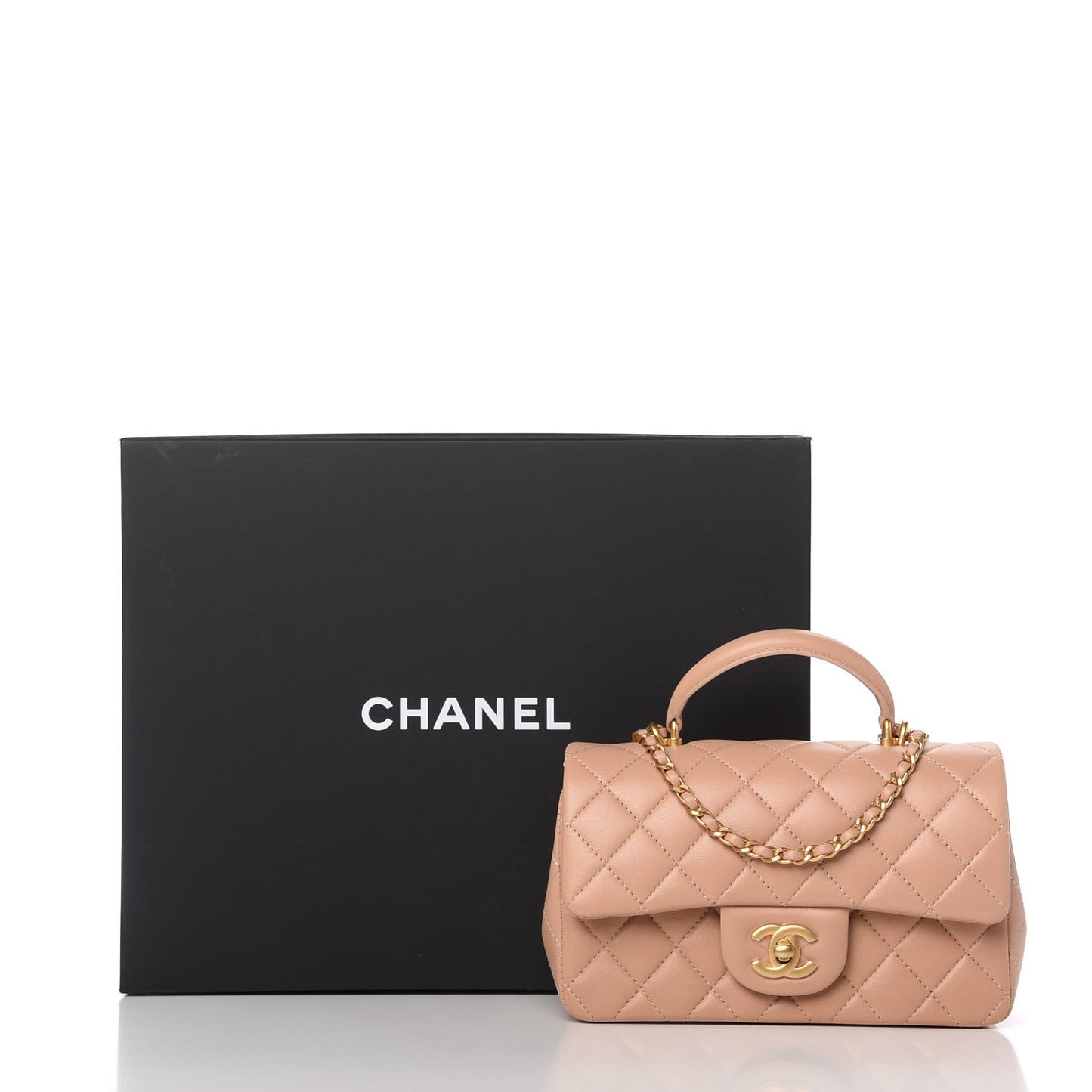 Lambskin Quilted Mini Top Handle Rectangular Flap Beige