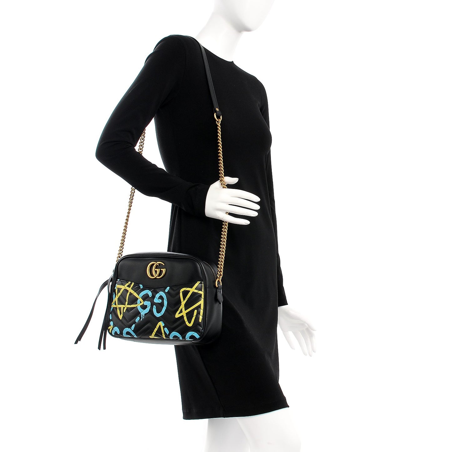 Calfskin Matelasse GucciGhost Medium GG Marmont Chain Shoulder Bag Black New Acquamarine