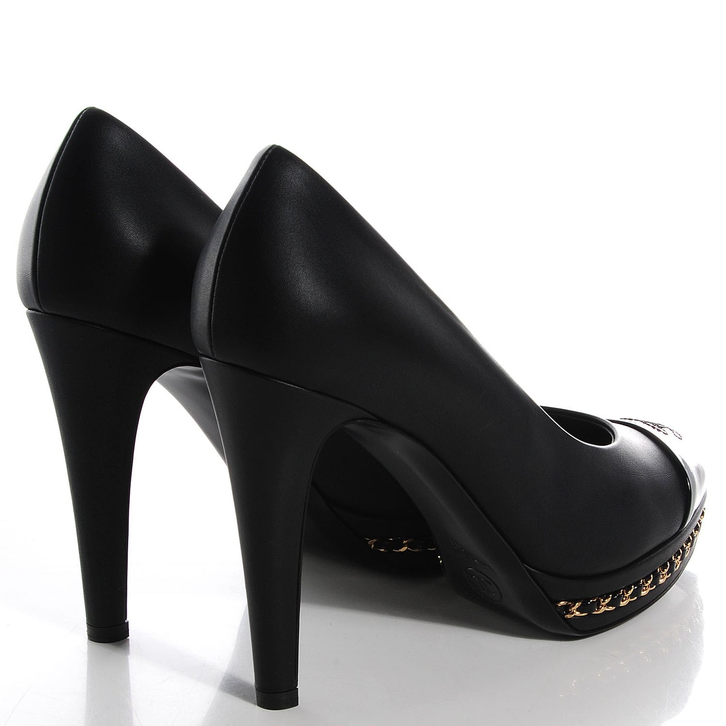Calfskin Patent Cap Toe Platform Chain Pumps 37 Black