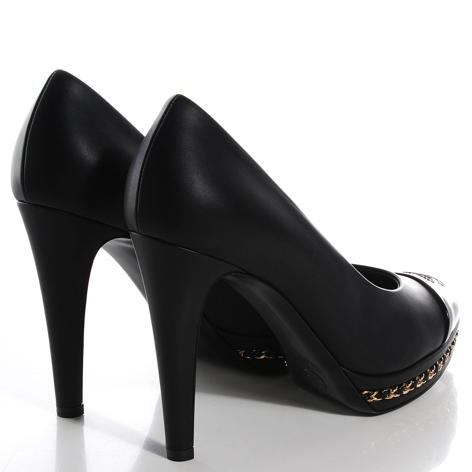 Chanel Calfskin Patent Cap Toe Platform Chain Pumps 37 Black 3 of 7