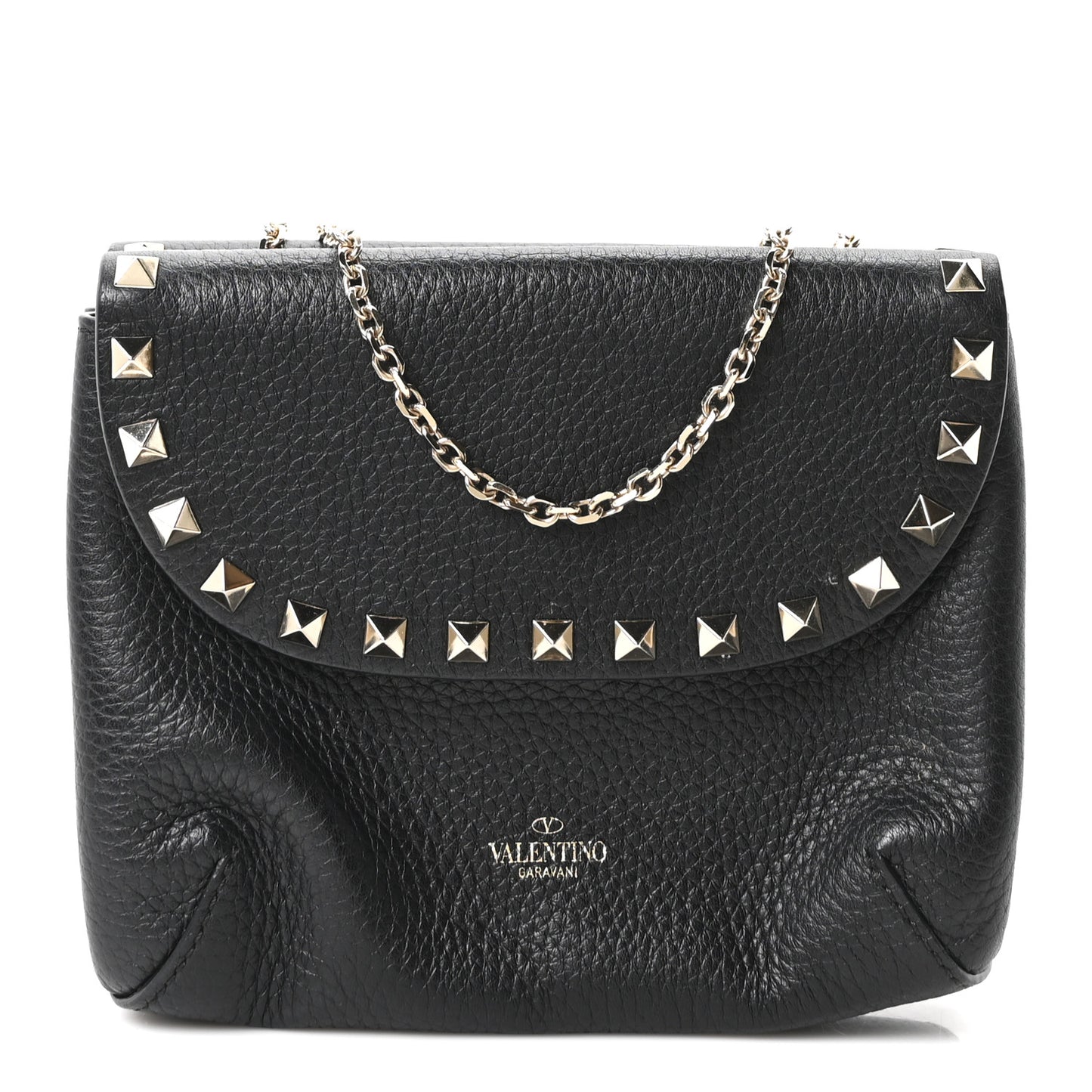 Pebbled Calfskin Rockstud Double Pocket Chain Crossbody Black