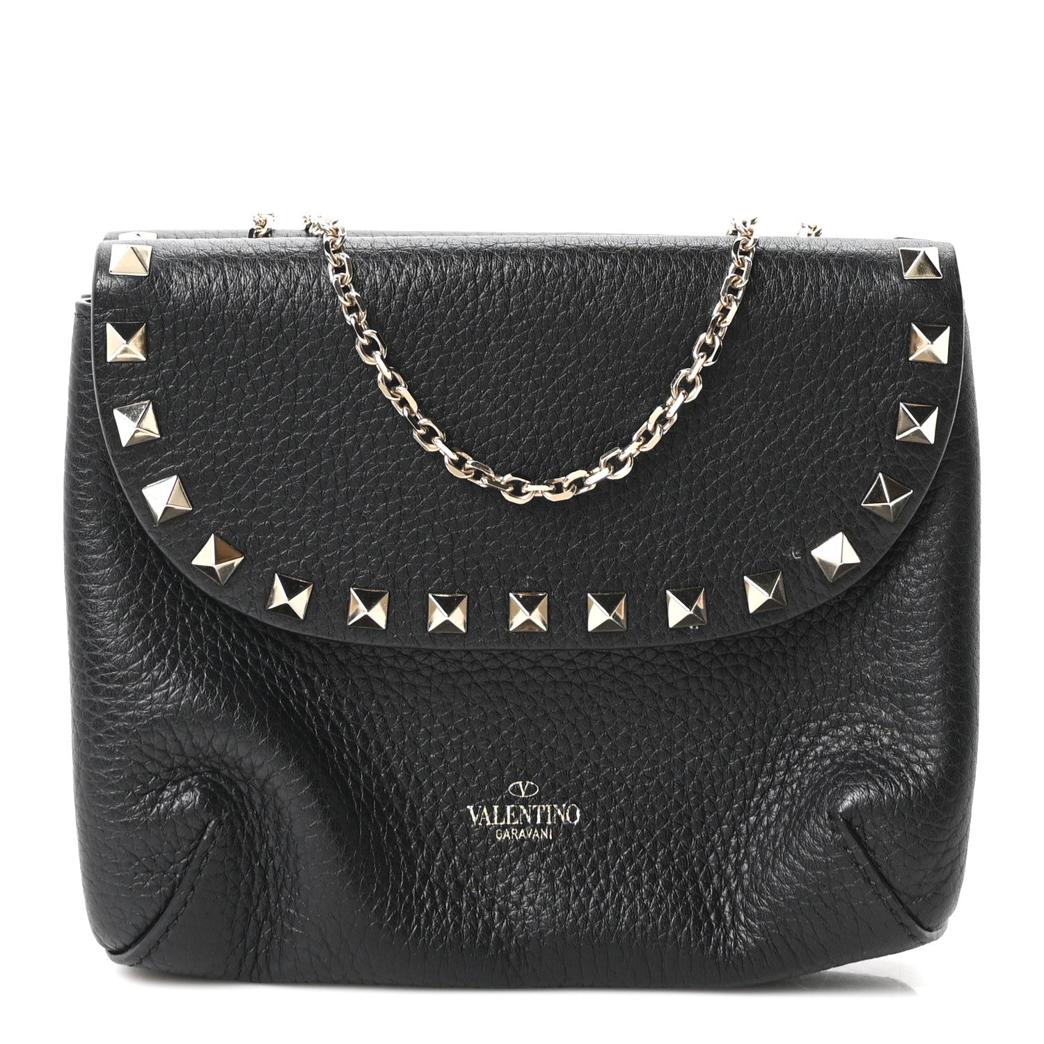 Valentino Garavani Pebbled Calfskin Rockstud Double Pocket Chain Crossbody Black 1 of 9