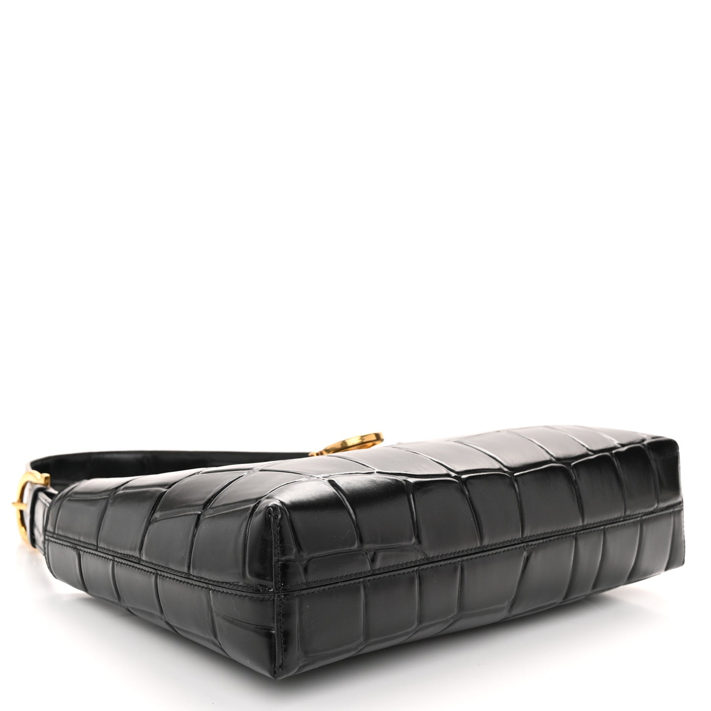 Calfskin Crocodile Embossed Trifolio Shoulder Bag Black