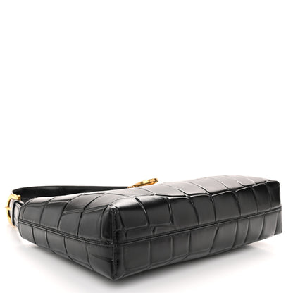 Salvatore Ferragamo Calfskin Crocodile Embossed Trifolio Shoulder Bag Black 4 of 10