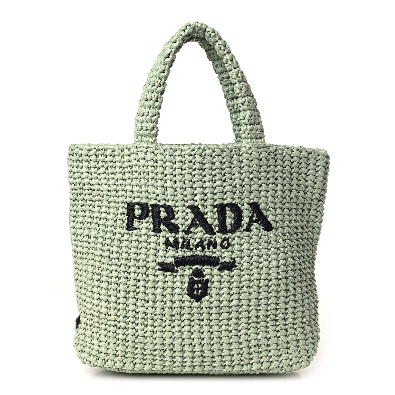 Prada Yarn Raffia Effect Crochet Small Logo Tote Acqua 1 of 9