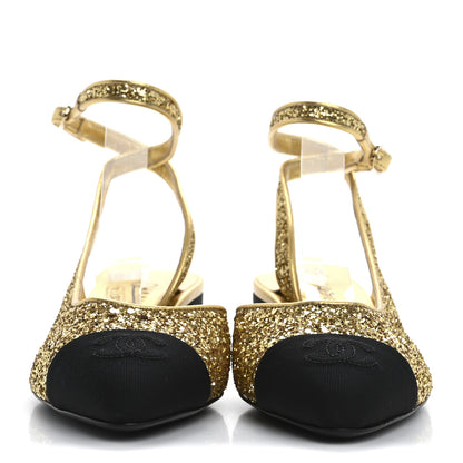 Chanel Glitter Grosgrain Cap Toe CC Slingback Pumps 37 Gold Black 3 of 9
