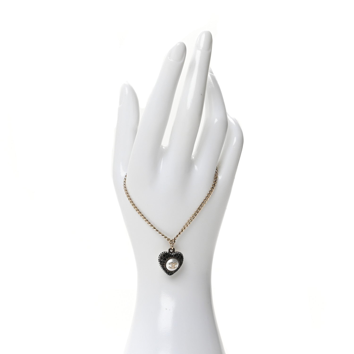 Chanel Crystal Pearl Chain Heart Bracelet Gold Black 2 of 5