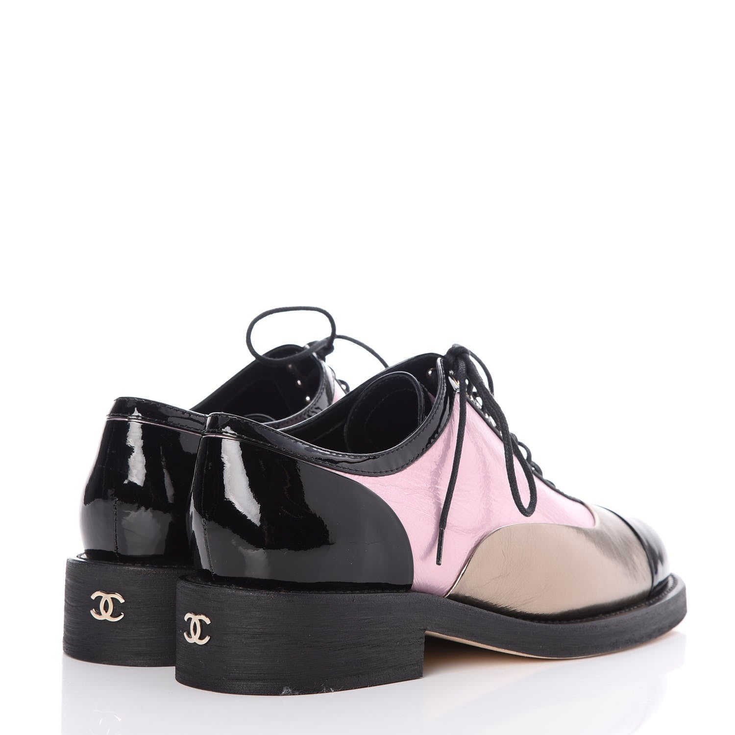 Chanel Crumpled Lambskin Patent CC Lace Up Oxfords 38 Pink Gold Black 4 of 7