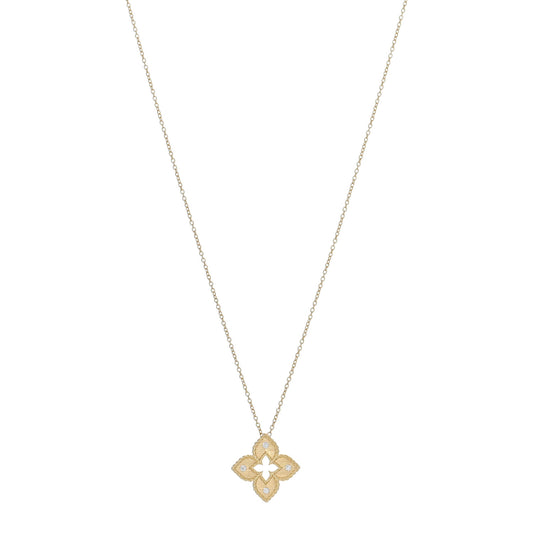 18K Yellow Gold Diamond Petite Venetian Princess Flower Pendant Necklace