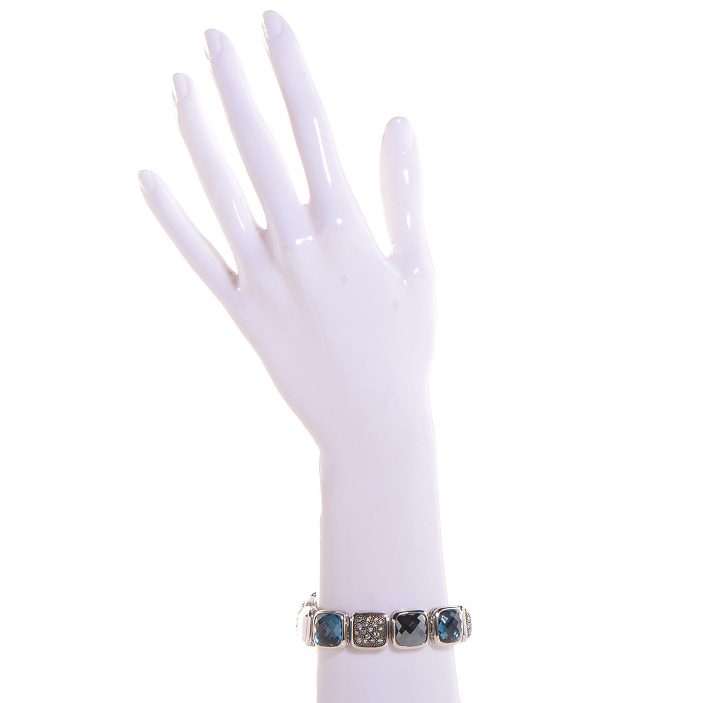 Sterling Silver Diamond Blue Topaz Hematite Chiclet One Row Bracelet