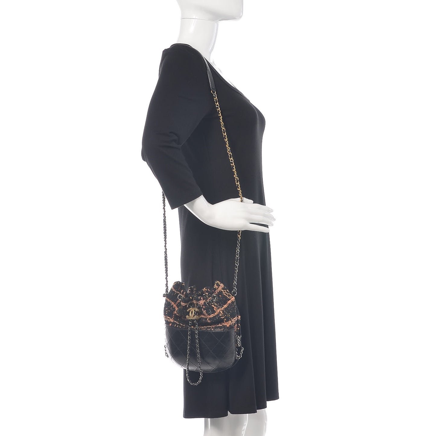 Tweed Calfskin Quilted Small Gabrielle Bucket Black Brown Orange
