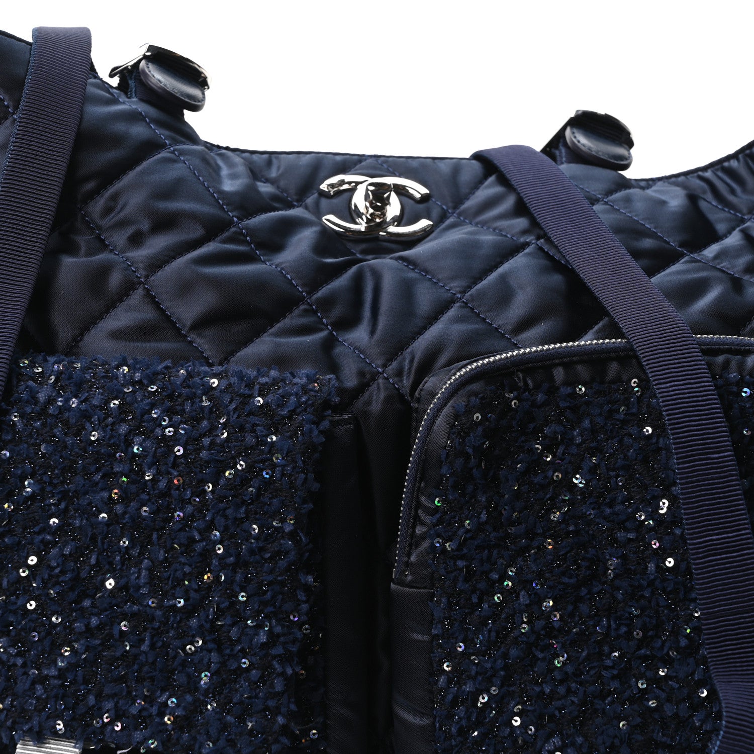 Chanel Tweed Sequin Nylon Quilted Astronaut Large Tote Navy 8 of 10