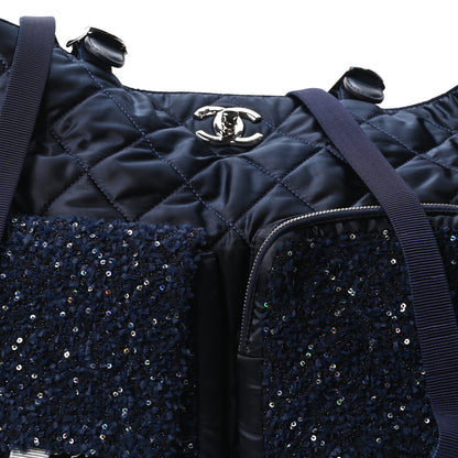 Chanel Tweed Sequin Nylon Quilted Astronaut Large Tote Navy 8 of 10