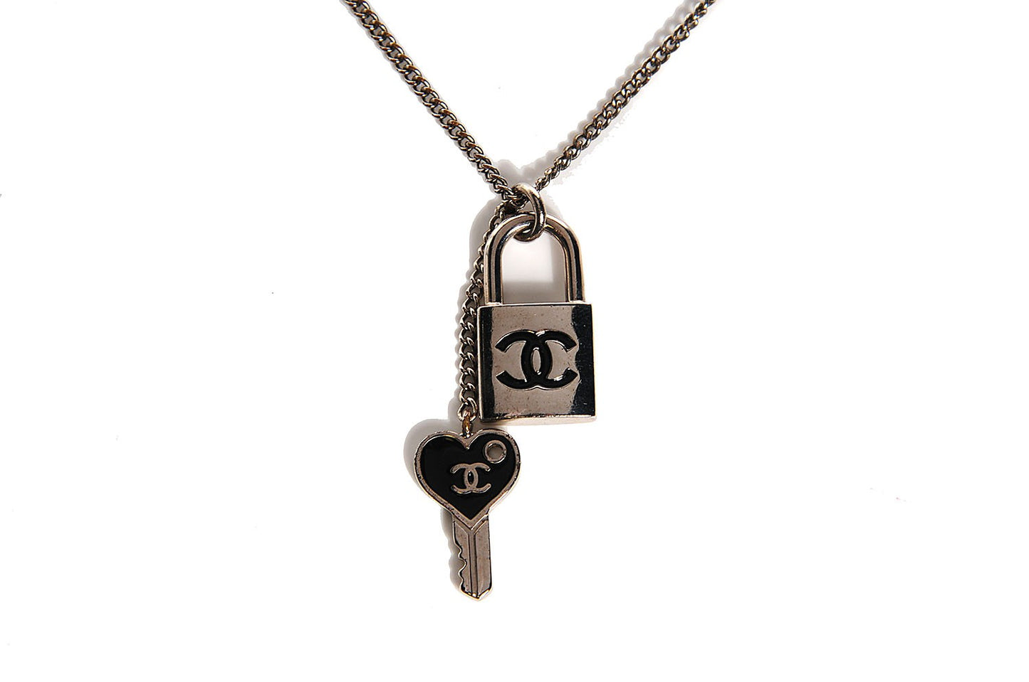 Enamel CC Padlock Heart Key Necklace Black Silver